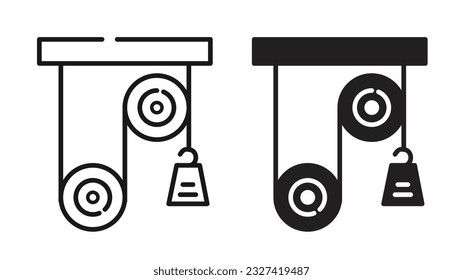 Pulley equipment icon set. Construction block lift pulley with rope mechanism vector symbol. 