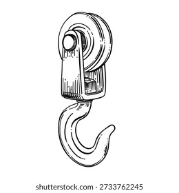 Pulley Hook Industrial Tool Vetor Line Art Hand Drawn Ilustração