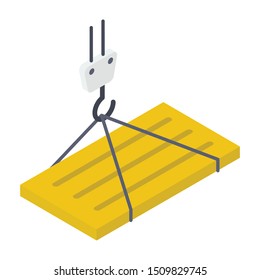 
Pulley hook to uplift material, material lifting isometric design icon.
