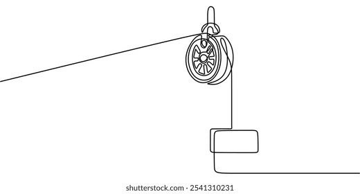 Mecanismo de polia em ação. Desenho De Uma Linha Contínuo Que Representa Operações De Elevação E Movimentação De Carga.