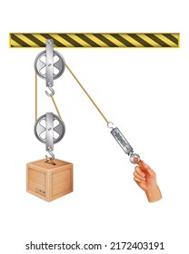 Pulley. Pulleys with different wheels. Force increase by pulley blocks. Pulley system. Loaded movable pulleys. Mechanical Power. The laws of motion. Load versus effort. Science experiment with pulley.