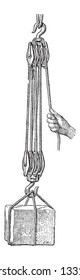 Pulley, shown is a set of pulleys arranged in a threefold purchase tackle, vintage engraved illustration. Dictionary of Words and Things - Larive and Fleury - 1895