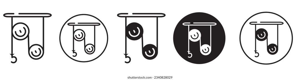 Pulley symbol Icon black and white line outlined vector set collection for web app ui. Flat png sign of load gear rope or wire in cargo lifting mechanism in transportation. Belt hanging weight crane