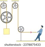 Pulley system. Lifting and Pulling a box. Movable Pulleys. Sheave. Thrust and linear momentum physics object. Experiment for education on force and motion with pulley illustration. The laws of motion.