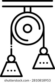 Pulley System Physics Icon. A pulley mechanism with hanging weights icon representing mechanical advantage and simple machines in physics. Suitable for engineering education, mechanics textbooks, and physics laboratory materials.