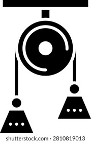Pulley System Physics Icon. A pulley mechanism with hanging weights icon representing mechanical advantage and simple machines in physics. Suitable for engineering education, mechanics textbooks, and physics laboratory materials.