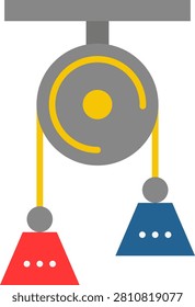 Pulley System Physics Icon. A pulley mechanism with hanging weights icon representing mechanical advantage and simple machines in physics. Suitable for engineering education, mechanics textbooks, and physics laboratory materials.
