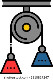 Pulley System Physics Icon. A pulley mechanism with hanging weights icon representing mechanical advantage and simple machines in physics. Suitable for engineering education, mechanics textbooks, and physics laboratory materials.