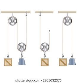 Pulley system types and simple machines diagram for physics education. Vector illustration of movable and fixed pulleys on a white background.