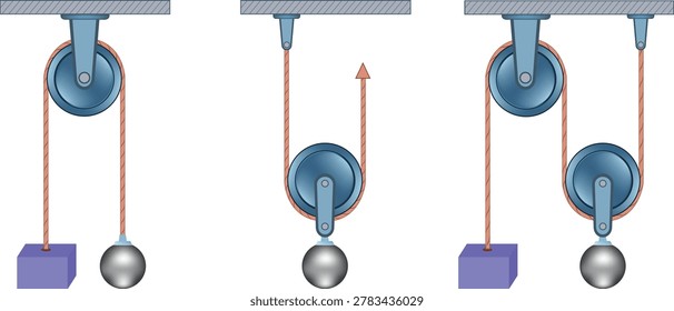 Pulley systems with fixed and movable pulleys Design Vector Illustration
