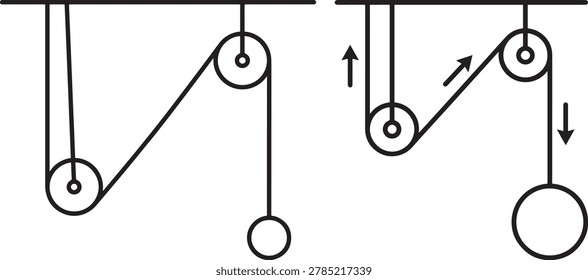 Pulley systems, mechanical advantage, physics, lifting, engineering diagram.