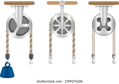 Pulley types. Science, physics force experiment. Force applied by weight attached to the rope. Hook weight.