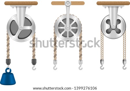 Pulley types. Science, physics force experiment. Force applied by weight attached to the rope. Hook weight.