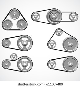 Pulleys with belts on a white background. Metallic sheaves. Vector illustration