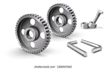 Pulleys on a white background. Metallic sheaves. Realistic cogwheel. Belt drive mechanism. Timing pulley. Industrial background. Steel hex key. Two metallic allen keys.