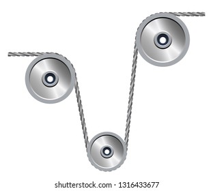 Pulleys and steel wire rope on a white background. Metallic sheaves. Vector illustration. 
