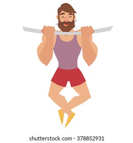 Pulling up exercise. Man tightened on the panel. Stylish man in shorts. Isolated vector illustration on white background.