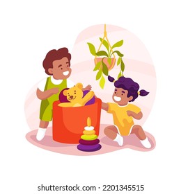 Pulling objects from a basket isolated cartoon vector illustration. Baby pulling different objects out, treasure basket, grasping game, early childhood milestone, daycare center vector cartoon.