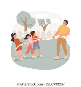 Pulling a rope isolated cartoon vector illustration. Children and adults pull rope in different directions, outdoor fun, active game, leisure time, family plays together vector cartoon.