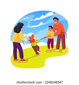 Pulling a rope isolated cartoon vector illustration. Children and adults pull rope in different directions, outdoor fun, active game, leisure time, family plays together vector cartoon.