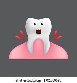 Pulling a screaming tooth out of the gum. Cute character with facial expression. Funny icon for children's design. 3d realistic vector illustration of dental ceramic model isolated on grey background