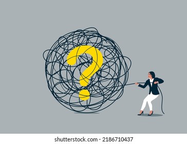 Pulling the tangled ropes with question mark. Business vector illustration concept.