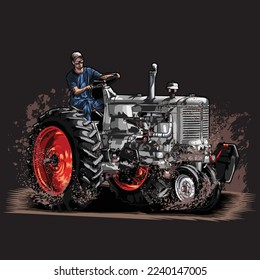 tractor tirando aislado sobre fondo negro para afiches, camisetas impresas, elemento de negocios, contenido de medios sociales, blog, pegatina, vlog y tarjeta. ilustración vectorial.