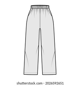 Pull-On Pants Sport shorts technical fashion illustration with elastic normal waist, high rise, pockets, Relaxed fit, ankle length. Flat bottom template front, grey color. Women men unisex CAD mockup