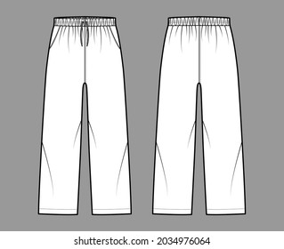 Pantalones de arranque Deportes entrenamiento cortos ilustración técnica de moda con cintura baja elástica, elevación, cuerdas levadizas, bolsillos, longitud de tobillo. Plano de la plantilla de la ropa plana inferior, color blanco trasero. CAD de mujeres