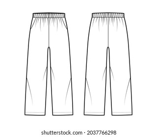 Pull-On Pants Sport training shorts technical fashion illustration with low waist, rise, pockets, Relaxed fit, ankle length. Flat bottom apparel template front, back, white color. Women men CAD mockup