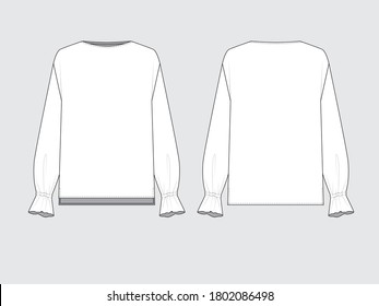 pullover blouse, long sleeves with elastic cuffs, front and back, drawing flat sketches with vector illustration