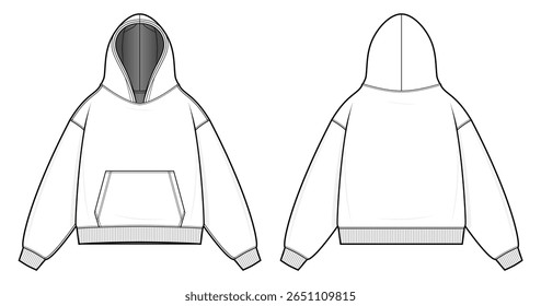 Pullover Hoodie Technical Fashion Flats. Men’s Hooded Sweatshirt Vector Template. Front and Back design. Relaxed Fit. Kangaroo Pocket. Ribbed Hem and Cuffs. White Color. CAD Mockup.
