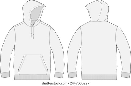 Pullover hoodie technical fashion illustration design template with ribbed cuffs and waist and adjustable drawcords.