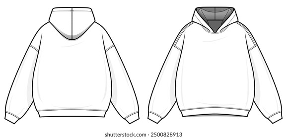 Pullover Hoodie technical fashion illustration. hoodie vector template illustration. front and back view. oversized. drop shoulder. unisex. white color. CAD mockup set.