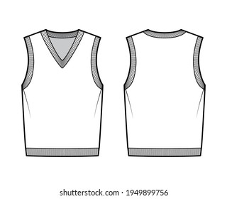 Pullover vest sweater waistcoat technical fashion illustration with sleeveless, rib knit V-neckline, oversized body. Flat template front, back, white color style. Women, men, unisex top CAD mockup