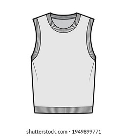 Pullover vest sweater waistcoat technical fashion illustration with sleeveless, rib knit round neckline, oversized body. Flat template front, grey color style. Women, men, unisex top CAD mockup