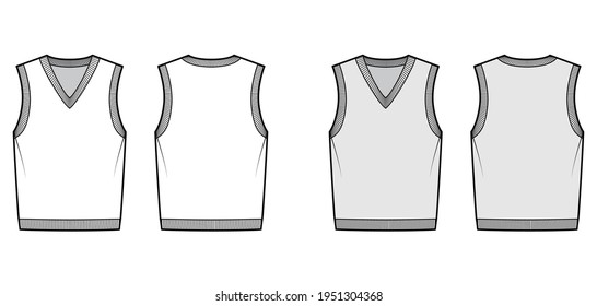 Pullover vest sweater waistcoat technical fashion illustration with sleeveless, rib knit V-neckline, oversized body. Flat template front, back, white, grey color style. Women, men, unisex CAD mockup
