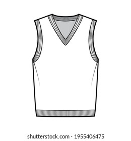 Pullover vest sweater waistcoat technical fashion illustration with sleeveless, rib knit V-neckline, oversized body. Flat template front, white color style. Women, men, unisex top CAD mockup