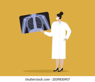 Pulmanóloga con imagen de rayos X de los pulmones. Ilustración de material vectorial plano. Concepto de fluorografía. Doctor con una máscara facial. Imagen de rayos X de un examen. Enfermedad pulmonar. Ilustración aislada