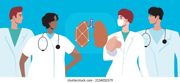 Pulmanología con pulmones o bronquios. Ilustración de material vectorial plano. Tratamiento de los órganos respiratorios humanos. Grupo de médicos en equipo, formación de estudiantes de medicina