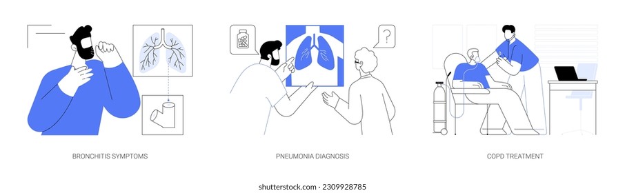 Lungenkrankheit abstraktes Konzept, Vektorgrafik-Set. Bronchitis-Symptome, Lungenentzündungsdiagnose, COPD-Behandlung, Atemnot, ärztliche Untersuchung in einer abstrakten Metapher im Krankenhaus.