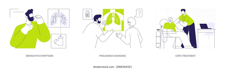 Pulmonary disease abstract concept vector illustration set. Bronchitis symptoms, pneumonia diagnosis, COPD treatment, respiratory distress, medical examination in hospital abstract metaphor.