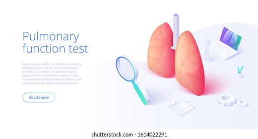 Pulmonary function test illustration in isometric vector design. Pulmonology theme image with doctor analyzing lungs on monitor. Respiratory medical diagnostics. Web banner layout template.