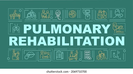 Banner für die Wiederfindungswortkonzepte von Pulmona. Atemtherapie. Infografiken mit linearen Symbolen auf grünem Hintergrund. Einzeln kreative Typografie. Vektorgrafik-Farbillustration mit Text