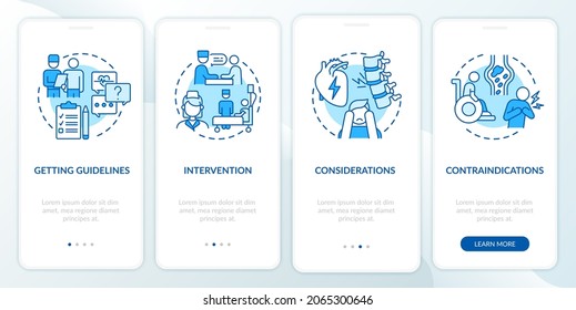 Pulmonary rehab process blue onboarding mobile app page screen. Recovery plan walkthrough 4 steps graphic instructions with concepts. UI, UX, GUI vector template with linear color illustrations