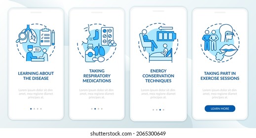 Pulmonary rehab program blue onboarding mobile app page screen. Treatment walkthrough 4 steps graphic instructions with concepts. UI, UX, GUI vector template with linear color illustrations
