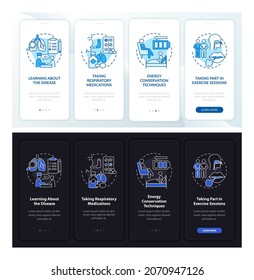 Pulmonary rehab program day, night onboarding mobile app page screen. Walkthrough 4 steps graphic instructions with concepts. UI, UX, GUI vector template with linear night and day mode illustrations