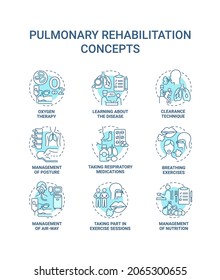 Pulmonary Rehabilitation Blue Concept Icons Set. Respiratory Diseases Treatment Idea Thin Line Color Illustrations. Breathing Exercise. Vector Isolated Outline Drawings. Editable Stroke