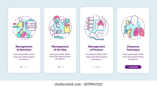 Pulmonary rehabilitation onboarding mobile app page screen. Recovery management walkthrough 4 steps graphic instructions with concepts. UI, UX, GUI vector template with linear color illustrations