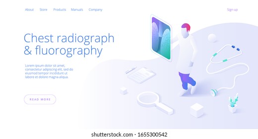 Pulmonary Xray Illustration In Isometric Vector Design. Pulmonology Theme Image With Doctor Analyzing Lungs On Monitor. Respiratory Medical Diagnostics. Web Banner Layout Template.